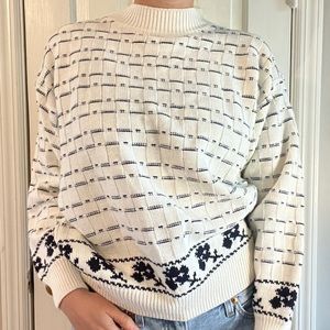 Vintage Mock neck Knit embroidered sweater with floral details black and white